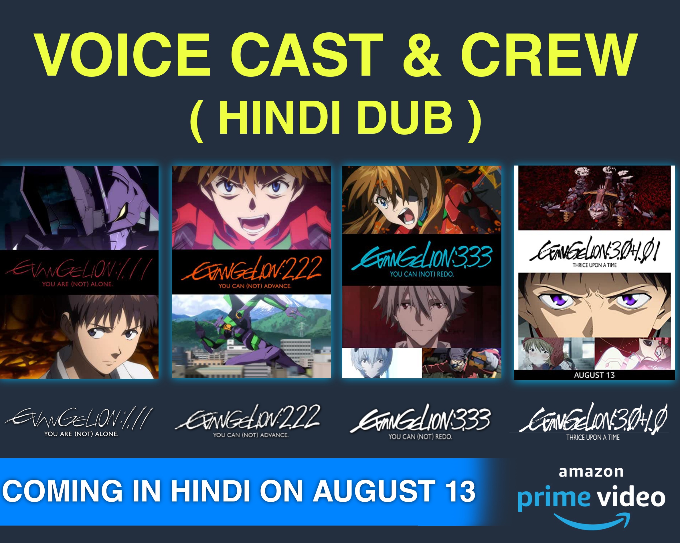 Amazon Prime Video Reveals Hindi Voice Cast & Staff Members For Rebuild of Evangelion Anime Film Series A Head of its Release on August 13